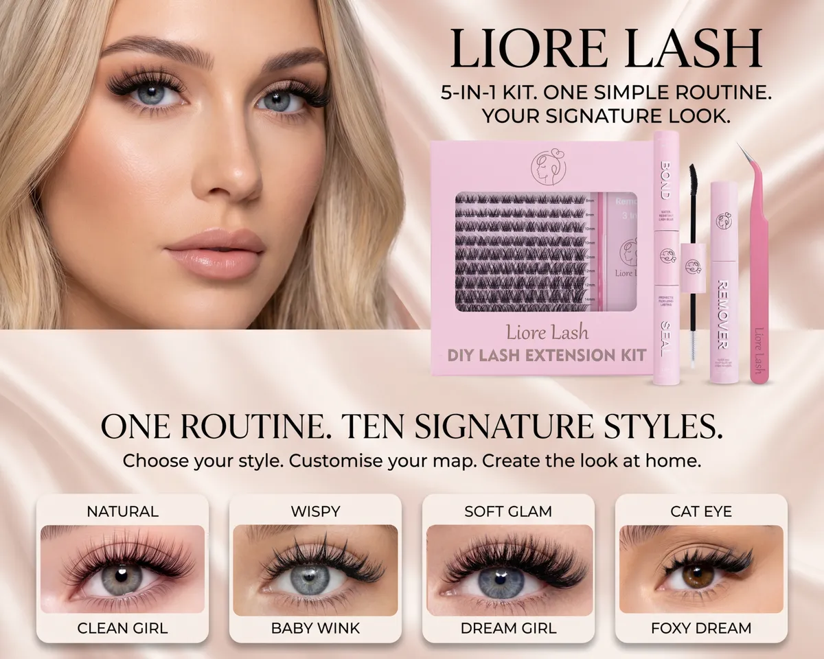 Kit fai da te Liore Lash per l'allungamento ciglia con cluster, Bond & Seal, remover e pinzetta