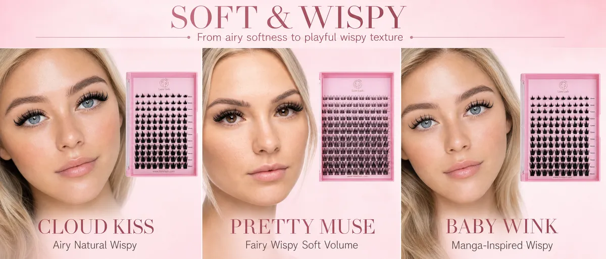 Ciglia a cluster wispy negli stili Cloud Kiss, Pretty Muse e Baby Wink