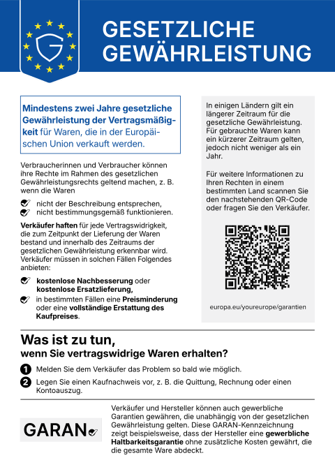 EU notice “Legal guarantee”: minimum two-year legal guarantee of conformity for goods sold in the European Union.